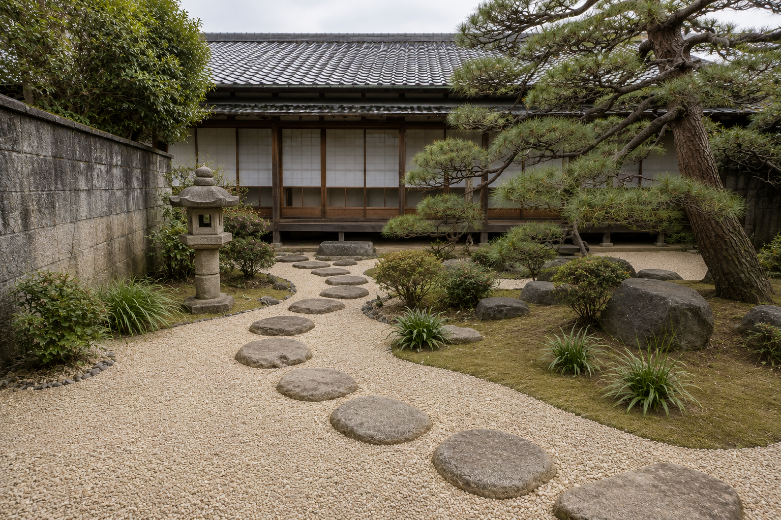 造り替えた和風庭園。飛び石が歩ける高さに整えられ、松の樹形も仕立て直されている