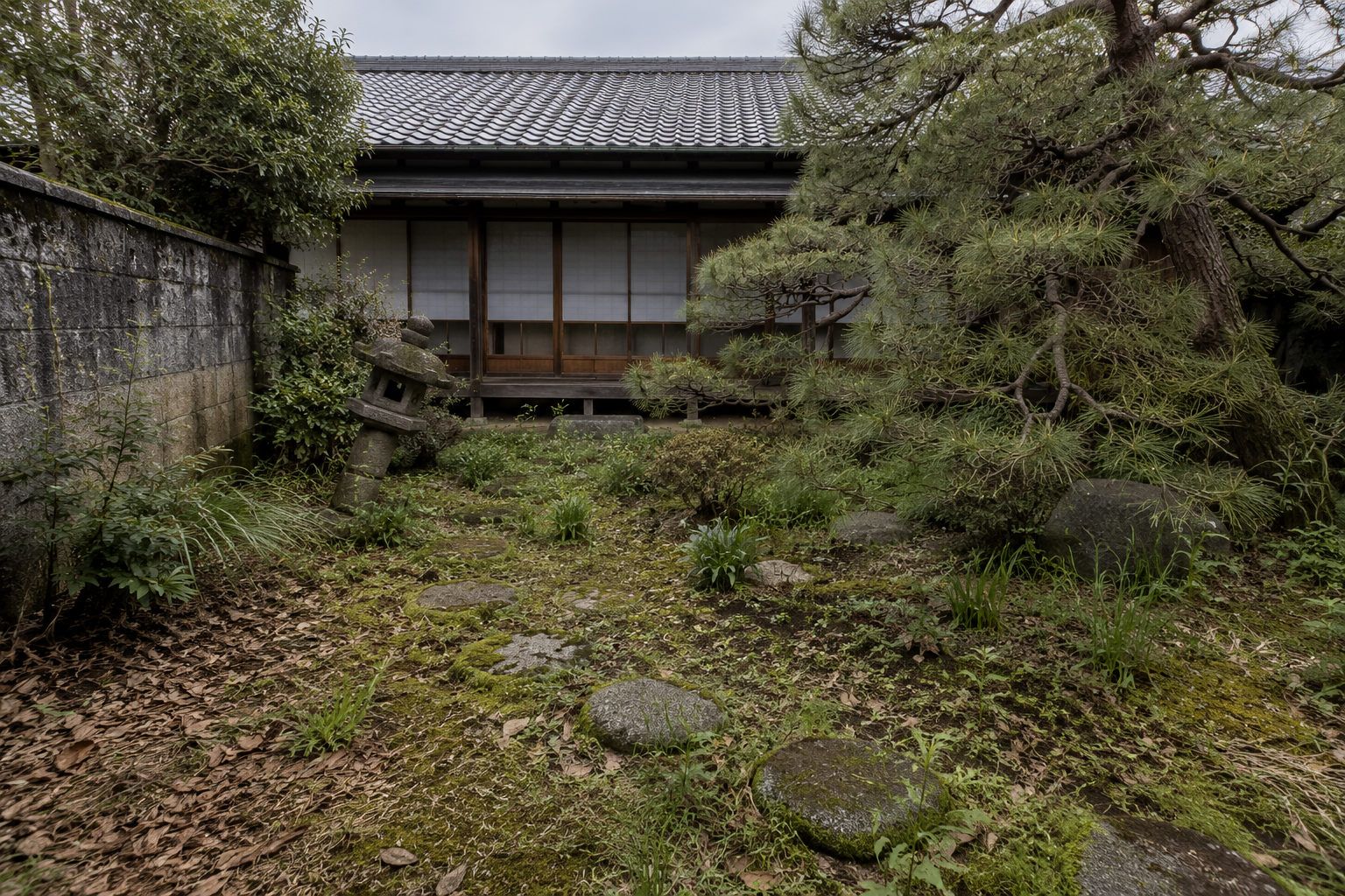 施工前の和風庭園。苔と雑草が混在し、飛び石が半分ほど埋もれている