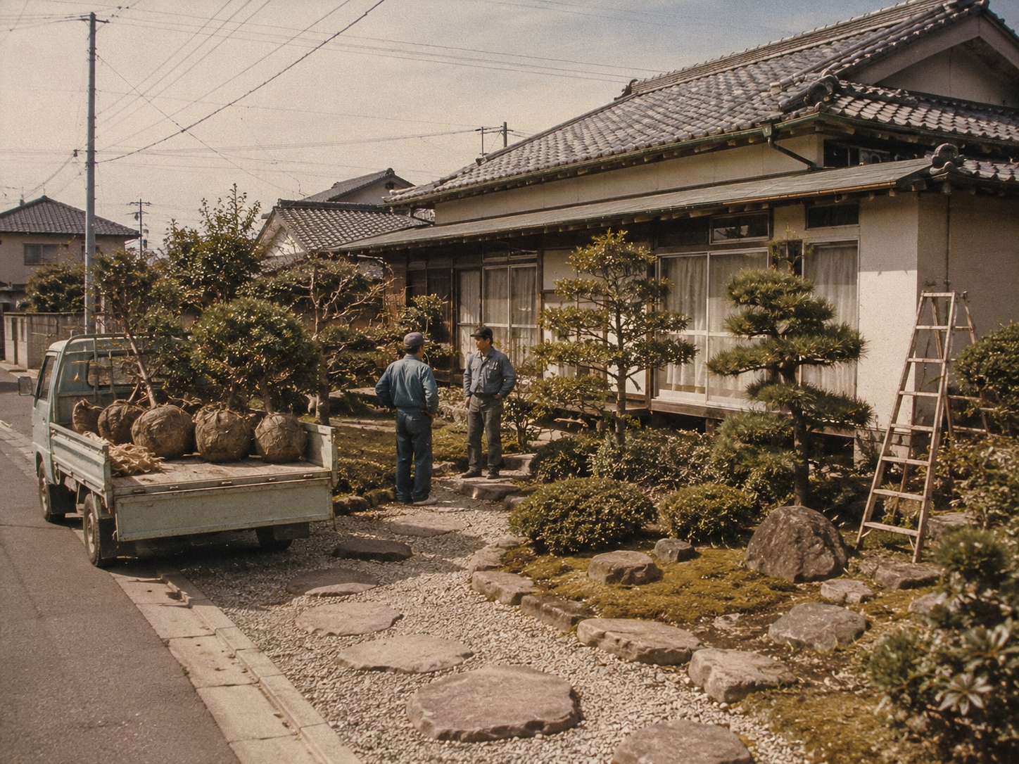 松と槙が仕立てられた庭と、荷台に植木を積んだ小型トラックのある1970年代の住宅