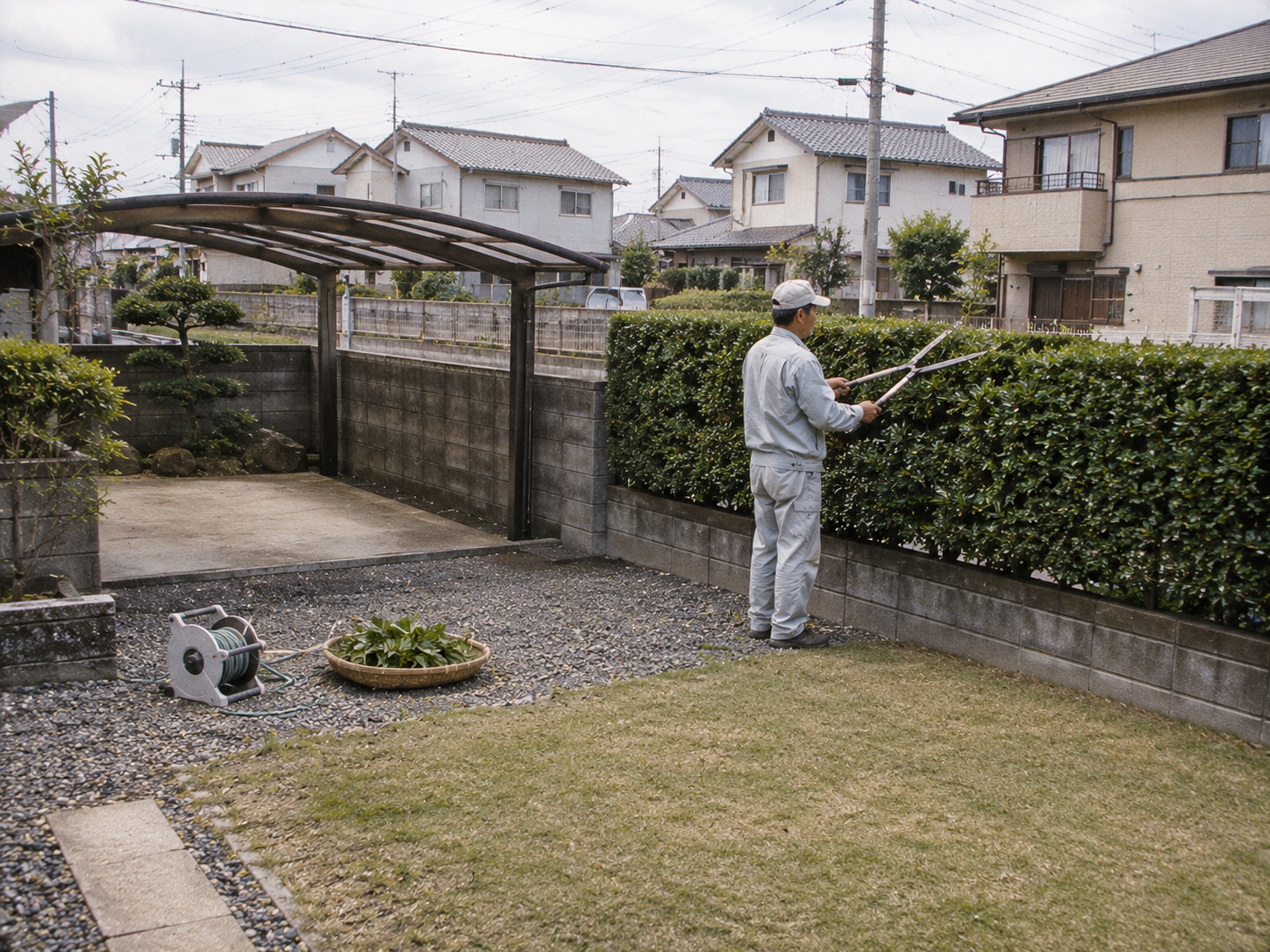 ブロック塀に囲まれた庭で生垣を刈り込む、1990年代の作業風景