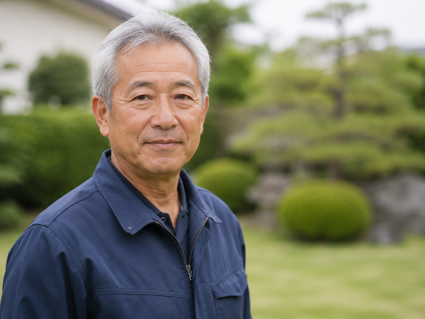 庭を背にした、紺色の作業ジャケットを着た造園職人の男性